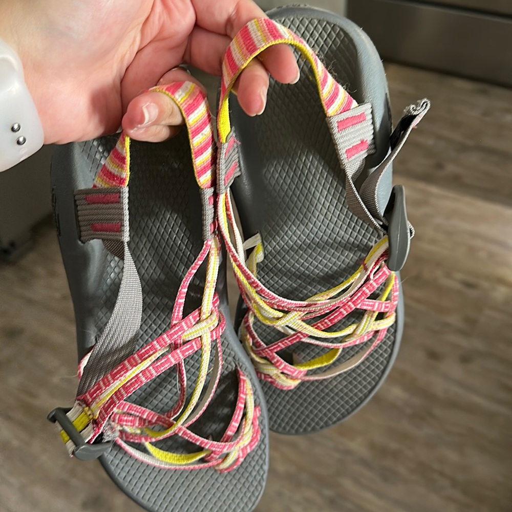 Neon pink and yellow chacos, worn a few times. Clean home, no smoking.